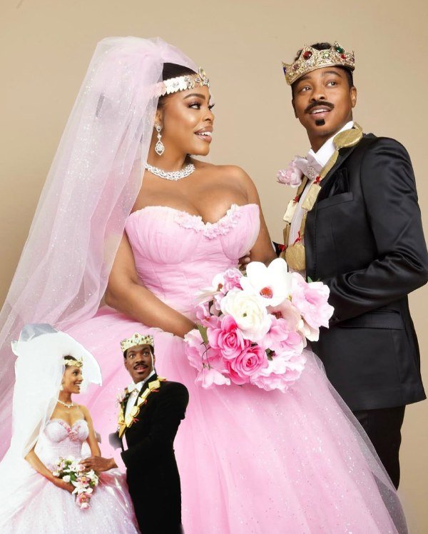 A Black couple channels Prince Akeem and Lisa from Coming to America, wearing African-inspired prints and regal gold accents. The costume is bold, nostalgic, and full of cultural pride.