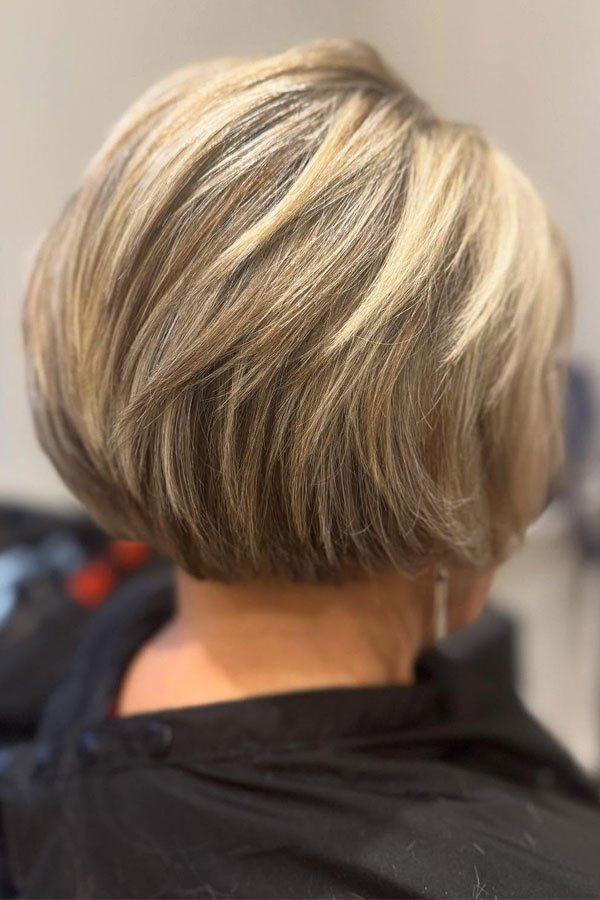 Short Stack Bob Haircut with Natural Gray and Blonde Hair Color