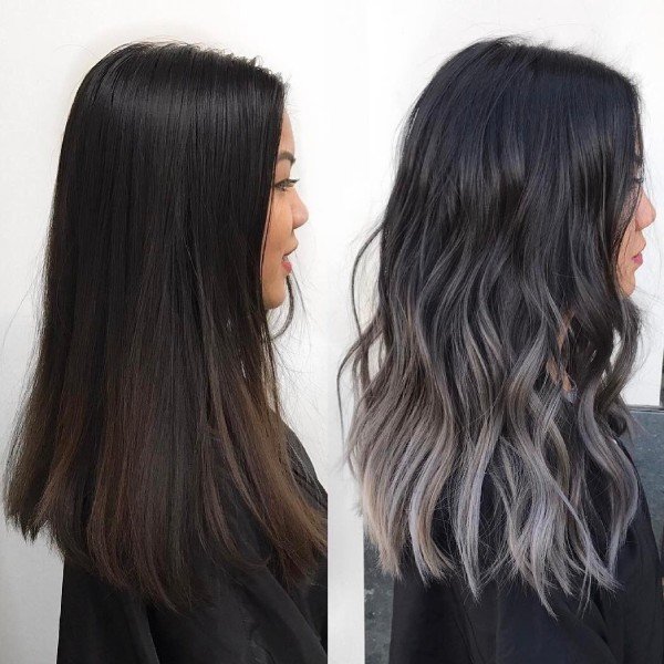 Dark Brown Hair with Grey ash balayage Highlights 