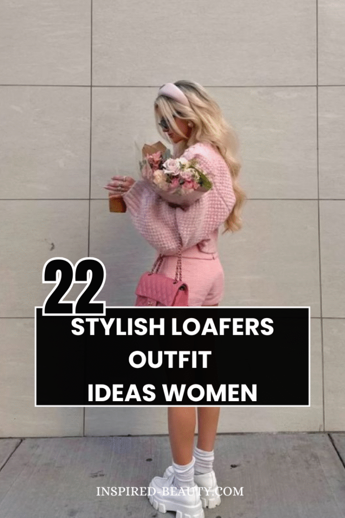 22 outfit ideas with loafers. A woman wearing full pink with white loafers.