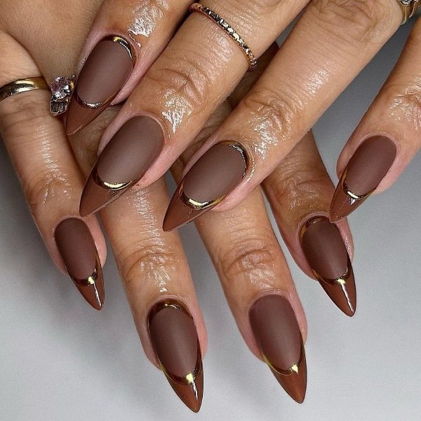 cute brown fall chrome nail art idea
