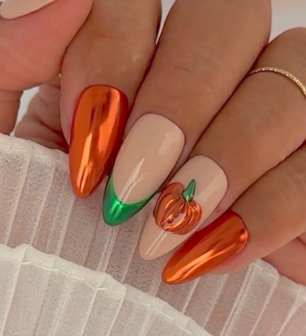 Pumpkin Accent manicure nail art design.