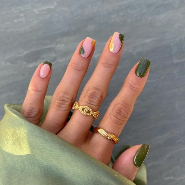 Stunning short shape square chrome nails in olive color.