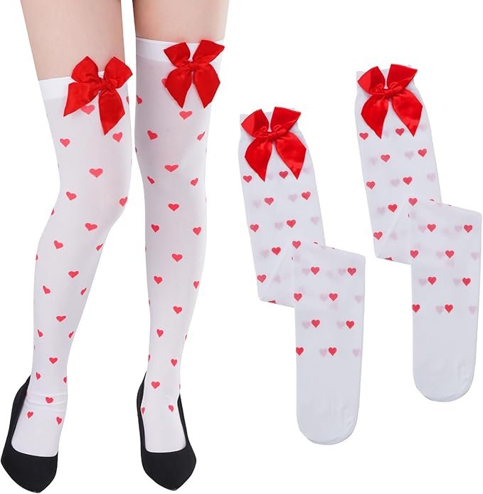 Sexy Thigh High Stockings Red Bowknots & Heart Dots (White)