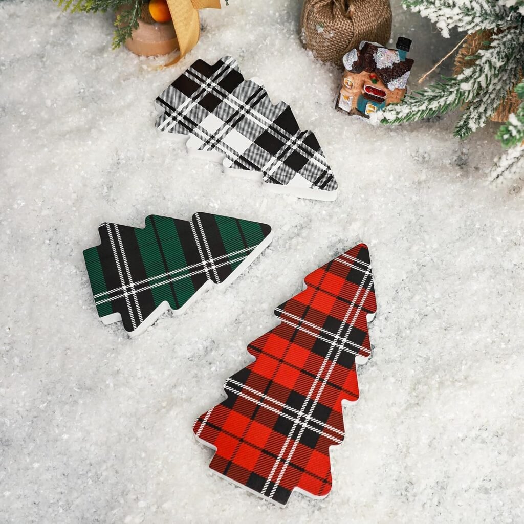 3 Pieces Wooden Christmas Tree Decor Buffalo Plaid Xmas