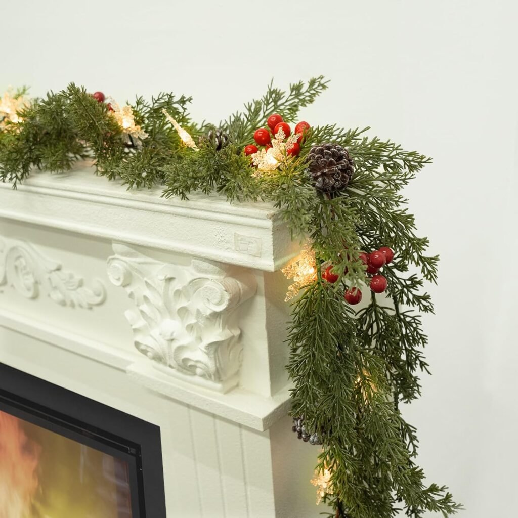 6FT Pre-lit Christmas Cedar Garland Realistic Christmas Garlands Snowflake Lights