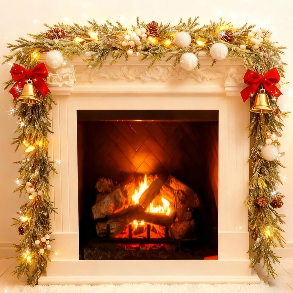 6FT Prelit Christmas Garlands with Lights Artificial Christmas Lighted Greenery Pine Cones Garland with White Berries for Christmas Door Mantle