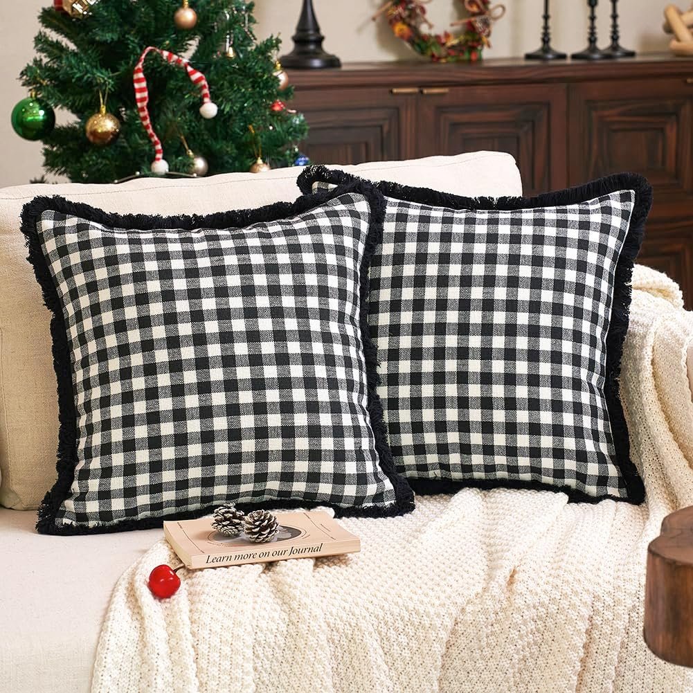 Black and White Christmas Decor Plaid Pillow Covers 