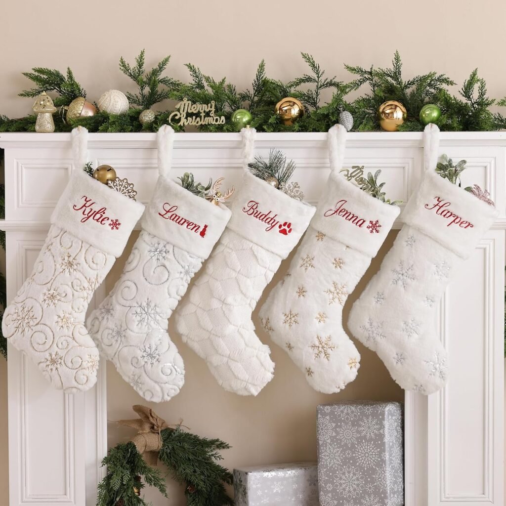 Christmas Stockings 1 Pack White Christmas Stockings with Names Custom Embroidered Monogram Gold Silver Large