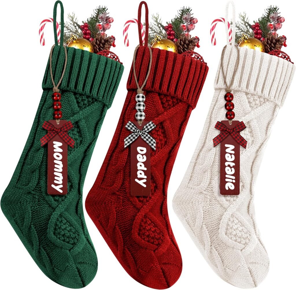 Christmas Stockings with Wooden Name Tags, 18 inches Xmas Cable Knitted Stocking for Holiday, Hanging Decoration Gifts