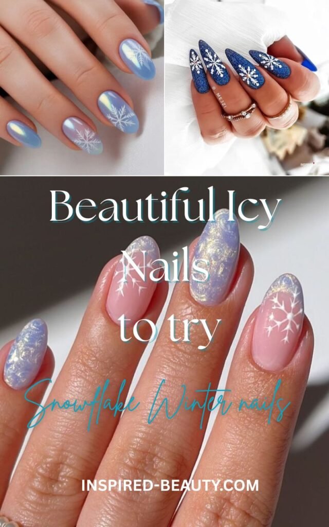 elegant icy winter nails, snowflake nail designs to copy