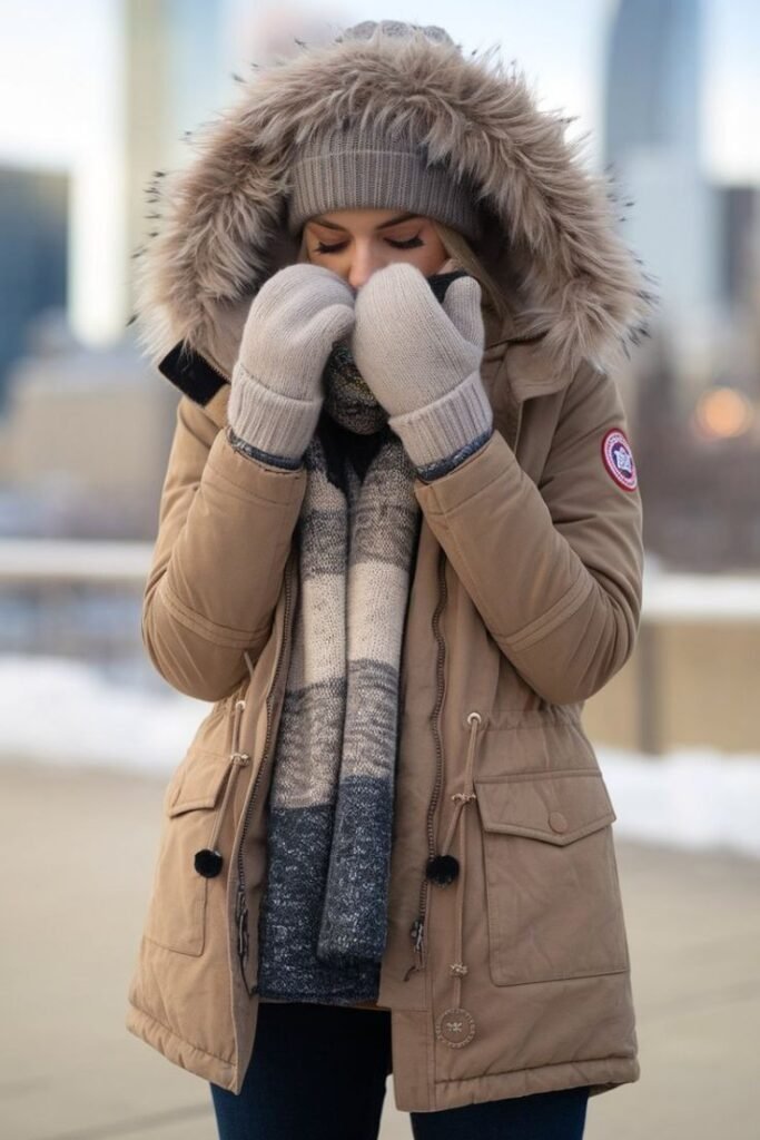 NYC Winter Outfits Person in warm winter clothing outdoors.