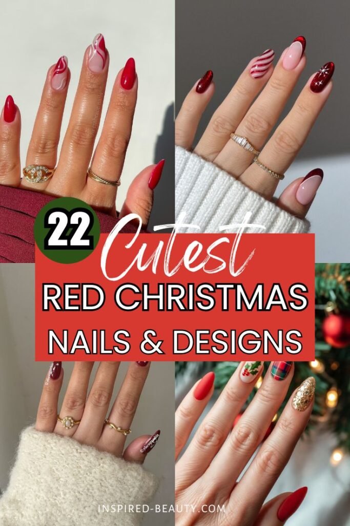 red holiday nail ideas, this image display 4 different ideas