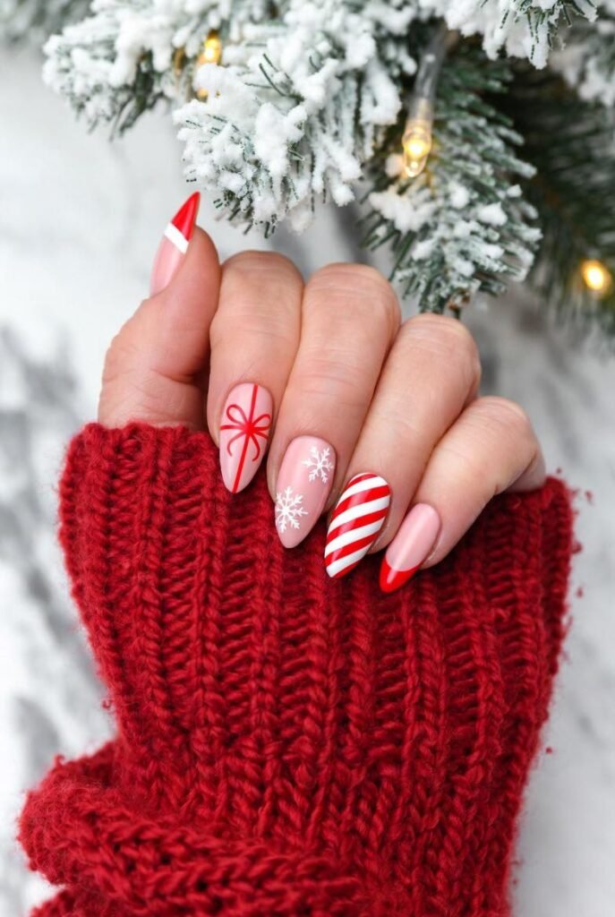 Pretty nail art idea with different design on each nail. Bow wrapped, two snowflake, candycane and almond with red tip.