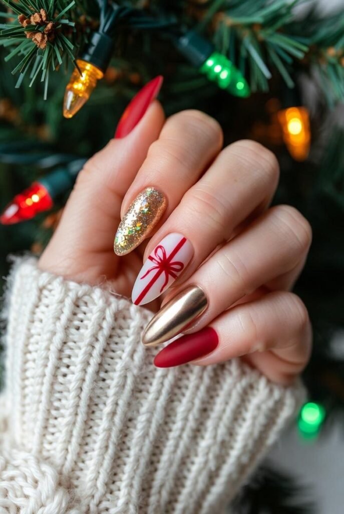 Christmas Presents holiday nail art idea. Stunning deisgn on each finger but simple and cute.