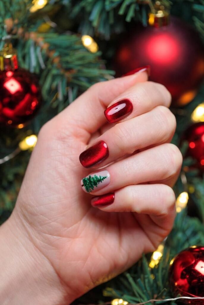 Short red chrsitmas nail glossy finish and mini christmas tree. If you want a unique accent nail at design this is perfect.