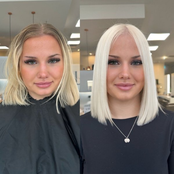 Creamy Blonde Bob display before and after hair color