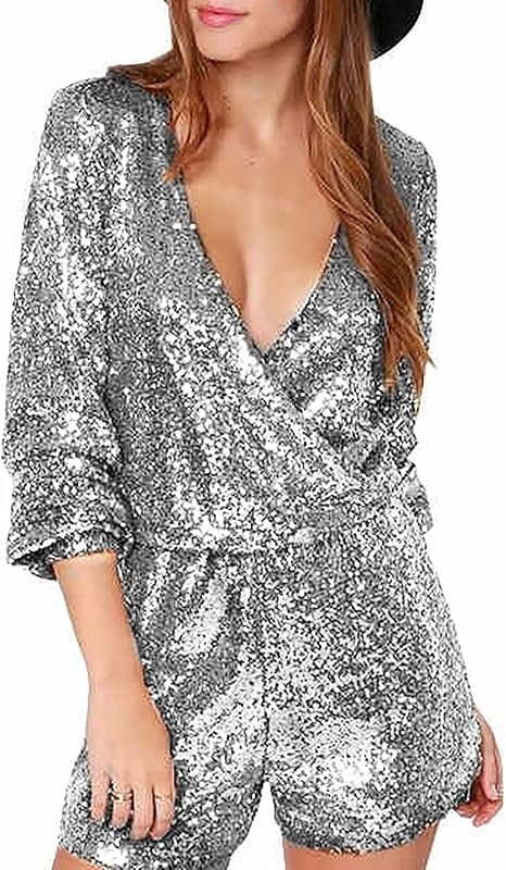 Shorts Jumpsuit Deep V Neck Long Sleeve Disco Dance Outfits