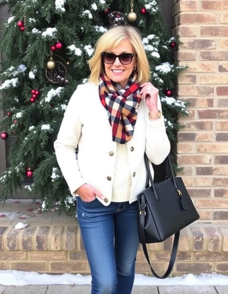 Winter outfit ideas for women over 50 jacket and plaid scarf
