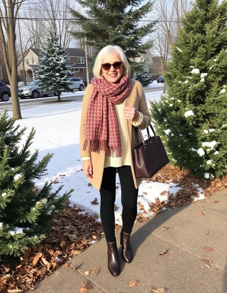 Winter outfit ideas for women over 50 Jacket scarf and boots