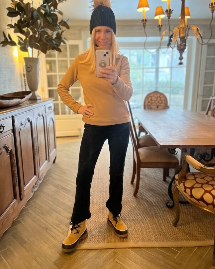 Winter outfit ideas for women over 50 Beanie with boots and long sleeve sweater