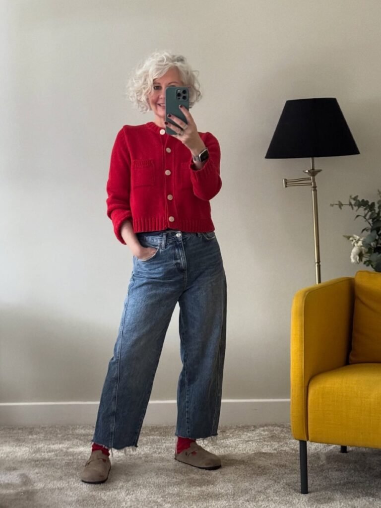 Winter outfit ideas for women over 50 cardigan and jeans