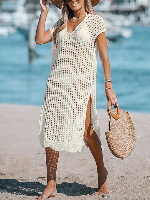 Crochet Swim Suit Coverup Cap Sleeve Knit Loose Beach Cover Ups Side Split Midi Dress Costa Rica Spring Break Outfit