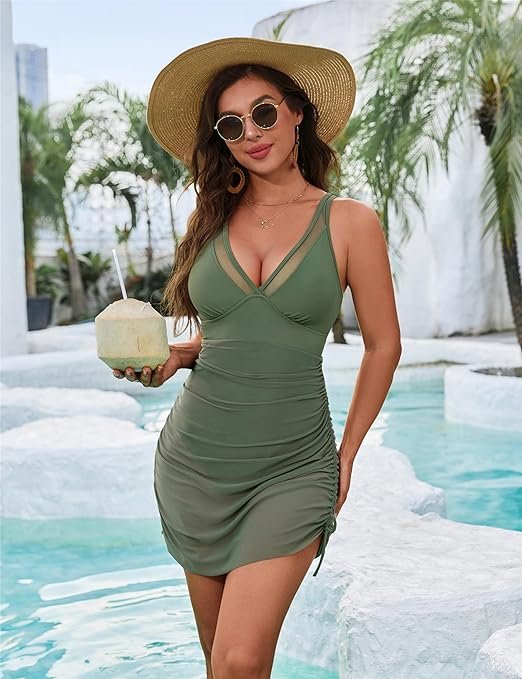 One Piece Swim Dress Tummy Control Swimsuits Slimming Mesh Sheer Sarong Wraps Bathing Suit Costa Rica Spring Break Outfit