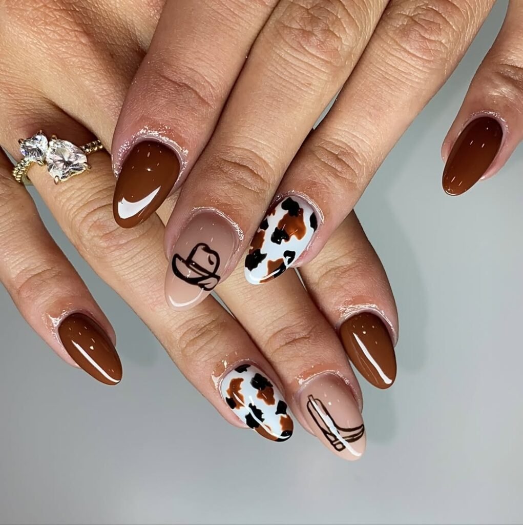 easy western nails, Brown Nails With Cowboy Hat Design