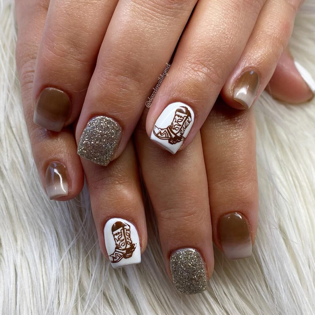 easy western nails, Short Cowboy Boots Design Nails