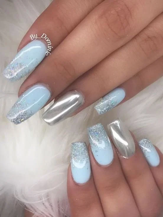 Baby blue + silver micro-glitter nails