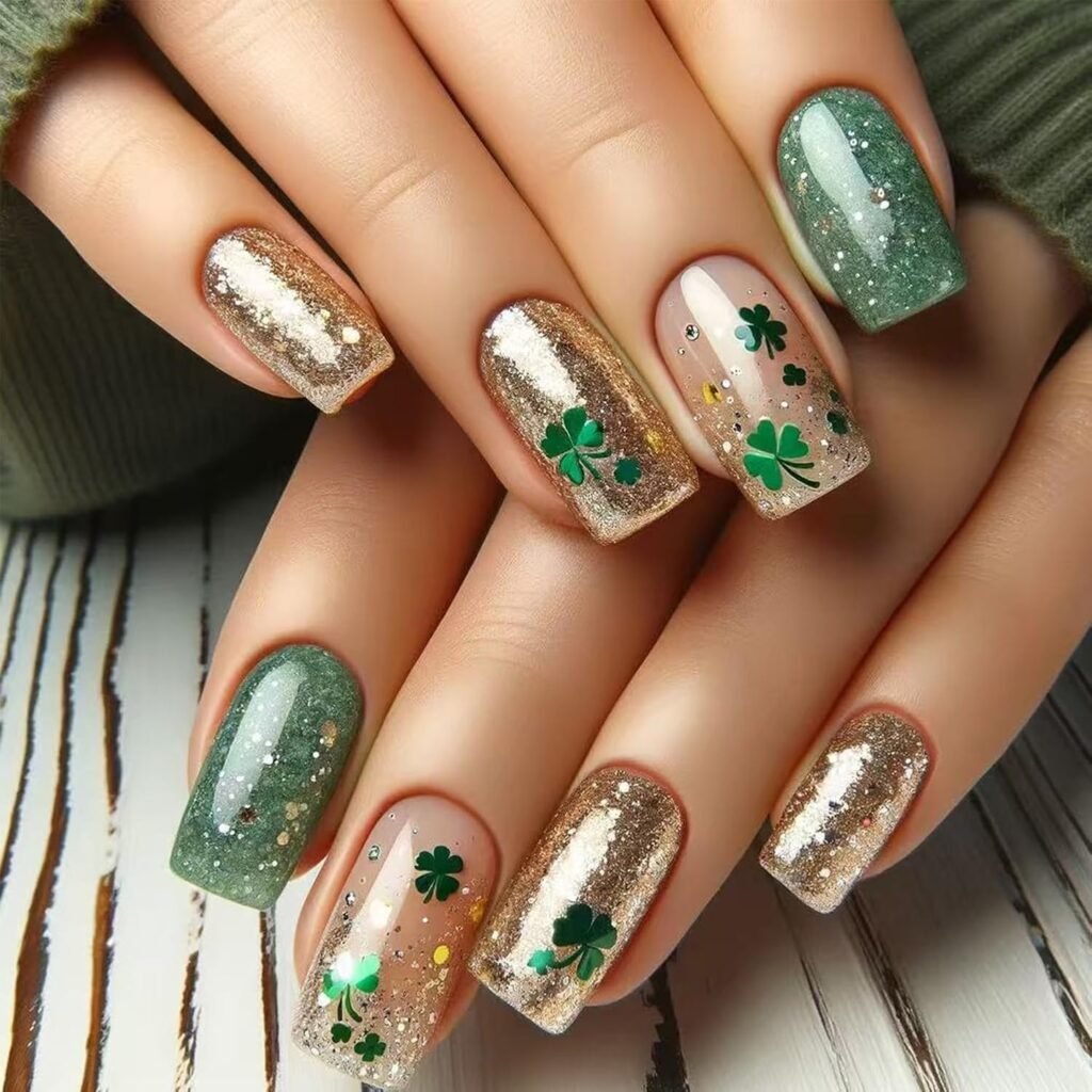 Gold shamrock on Nails Medium Square Irish Fake Nails Glossy Green