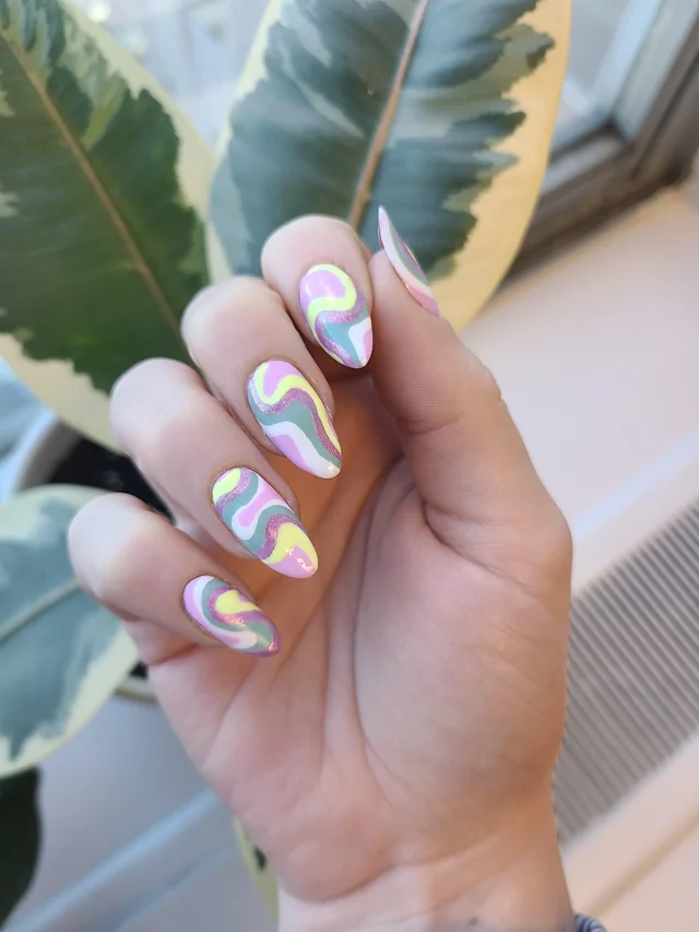 Multi-pastel watercolor swirls nails