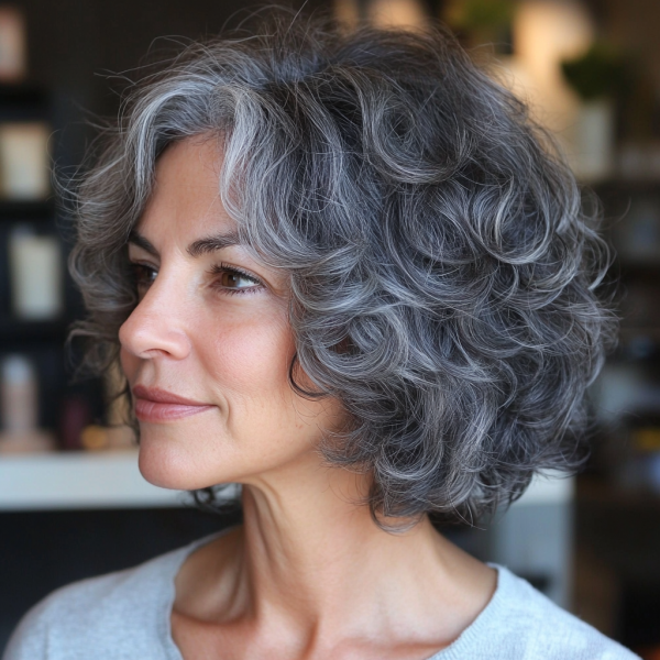 Short Curly Gray Hair Ideas Pixie with Side-Swept Curls