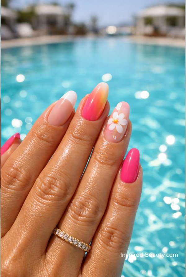 Solid coral-colored nails with a glossy finish, perfect for a simple tropical look.