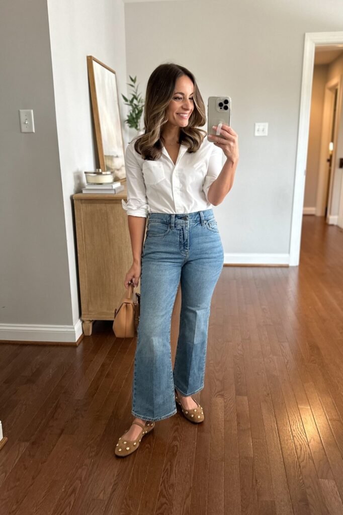 Button-Down with Stretch Jeans and Ballet Flats women
