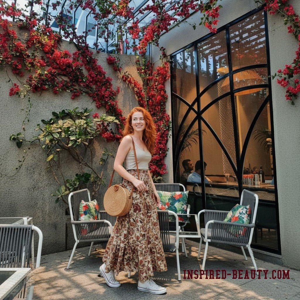 Canvas Sneakers with Flowy Maxi and Straw Bag