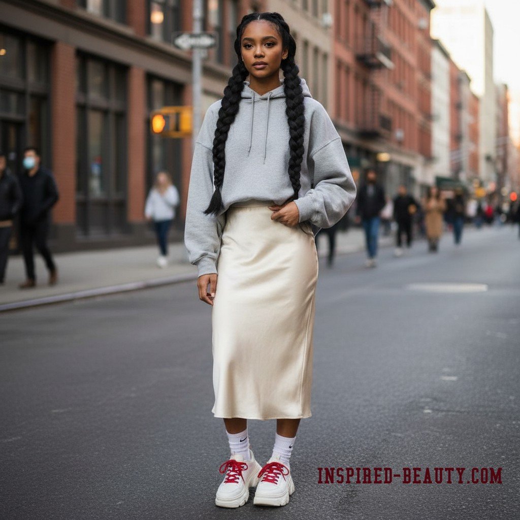 Chunky Sneakers with Satin Slip Skirt and Hoodie