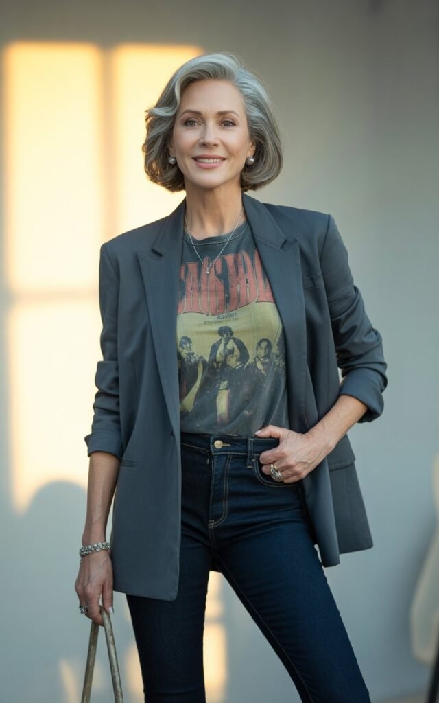 Dark skinny jeans with graphic band tee and structured blazer concert outfit idea for women over 40