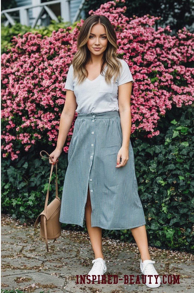 Espadrille Sneakers with Linen Skirt and Breezy Blouse
