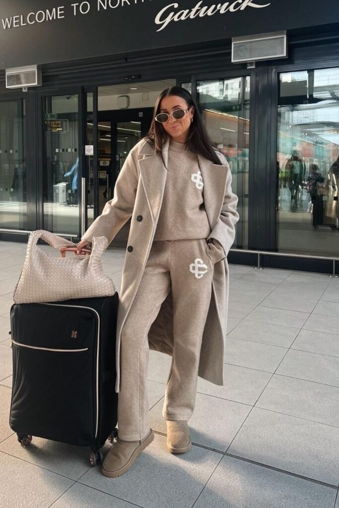 Knit Set plus Trench Coat Airport outfit for women over 40