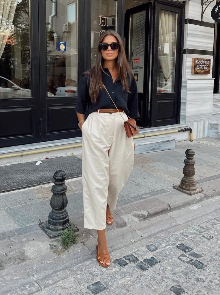 Linen Button-Down with Pull-On Pants airport Outfit