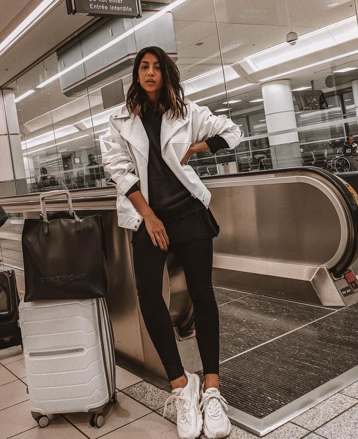 Long Coat with Leggings and Sneakers airport outfit