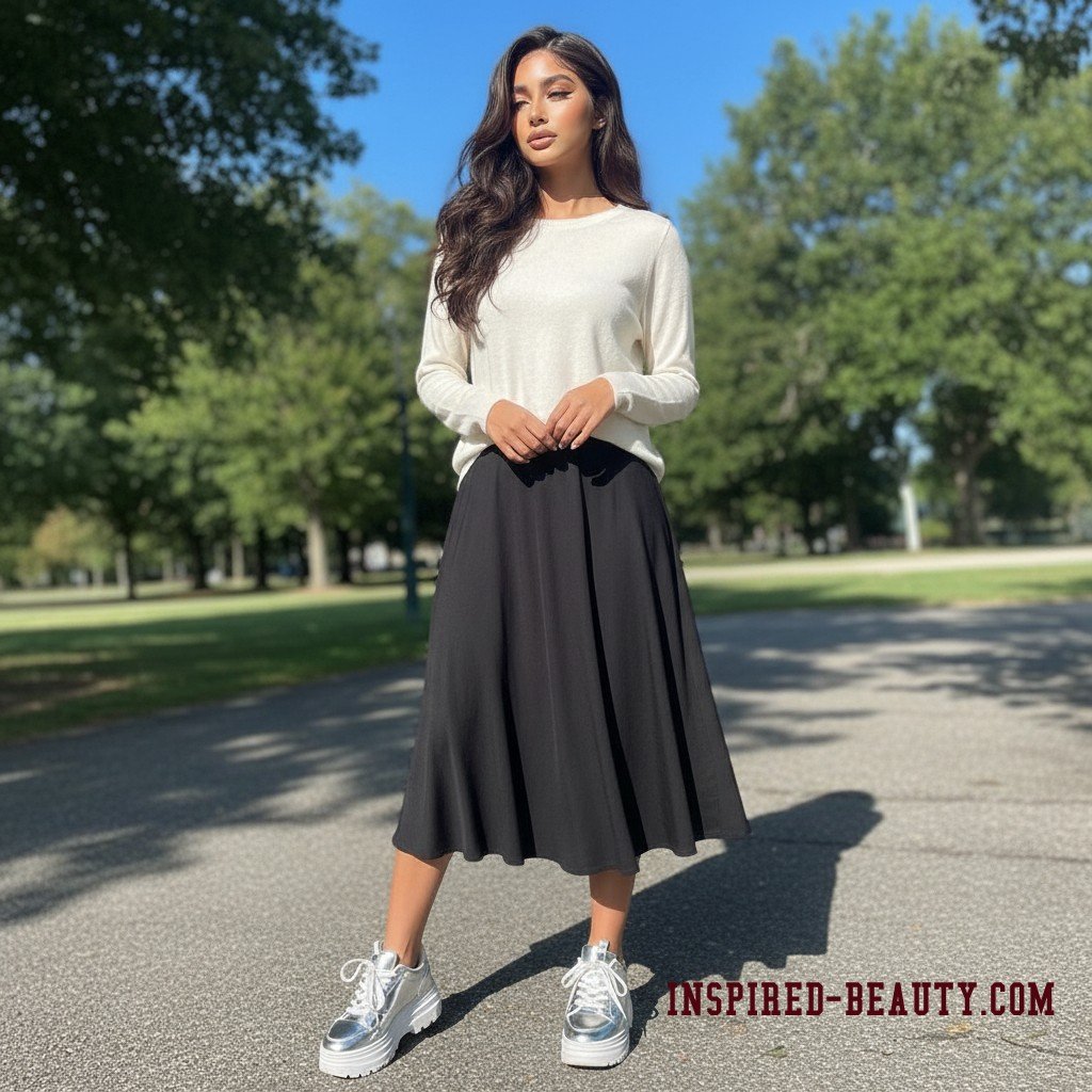 Metallic Silver Sneakers with Black Midi skirt and Cashmere Top