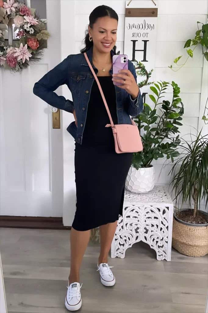 Midi Dress with Lightweight Jacket and Sneakers airport outfit