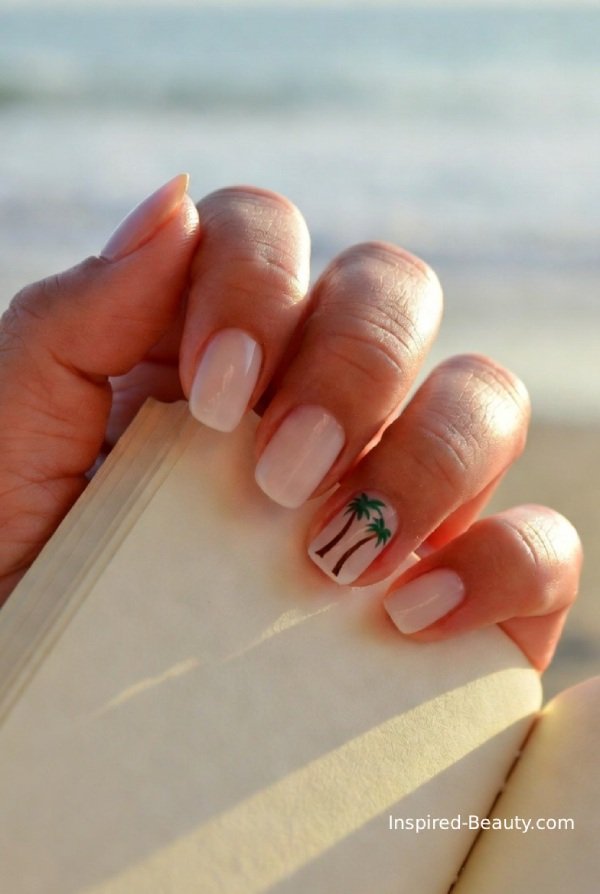 Neutral nude nails with a single palm leaf accent, simple and chic tropical design.