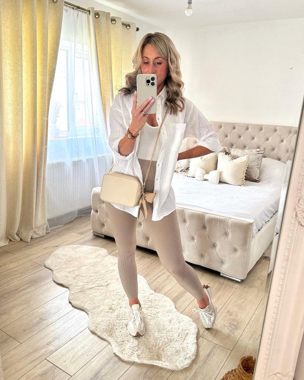 Oversized shirt worn with leggings and belt bag for a relaxed street style outfit