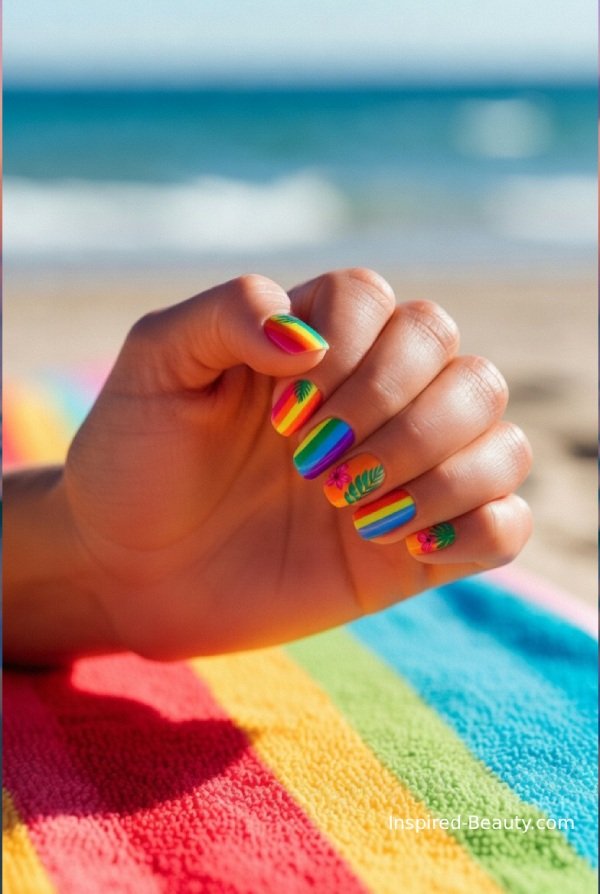 Colorful rainbow nails with vibrant shades, perfect for a playful tropical vacation look.