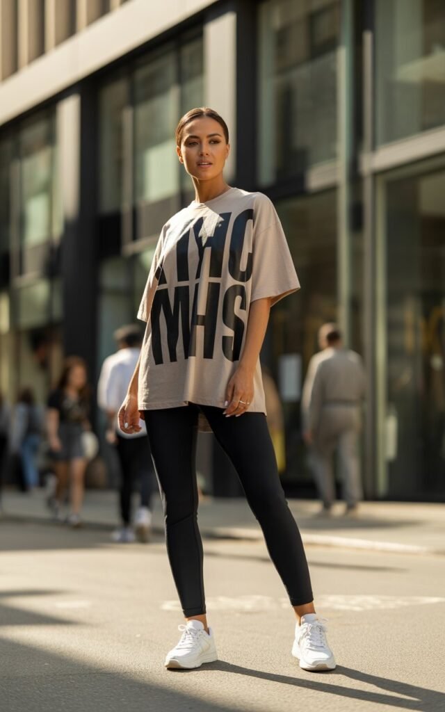 Woman wearing black leggings with an oversized graphic tee and white sneakers in a casual summer outfit