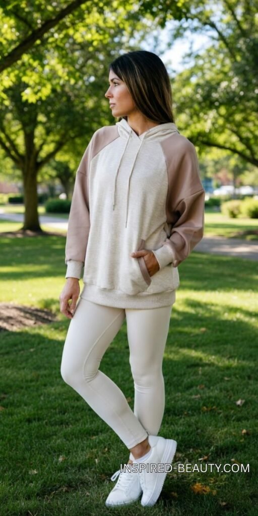 Cozy oversized hoodie paired with leggings and sneakers for a casual summer evening outfit
